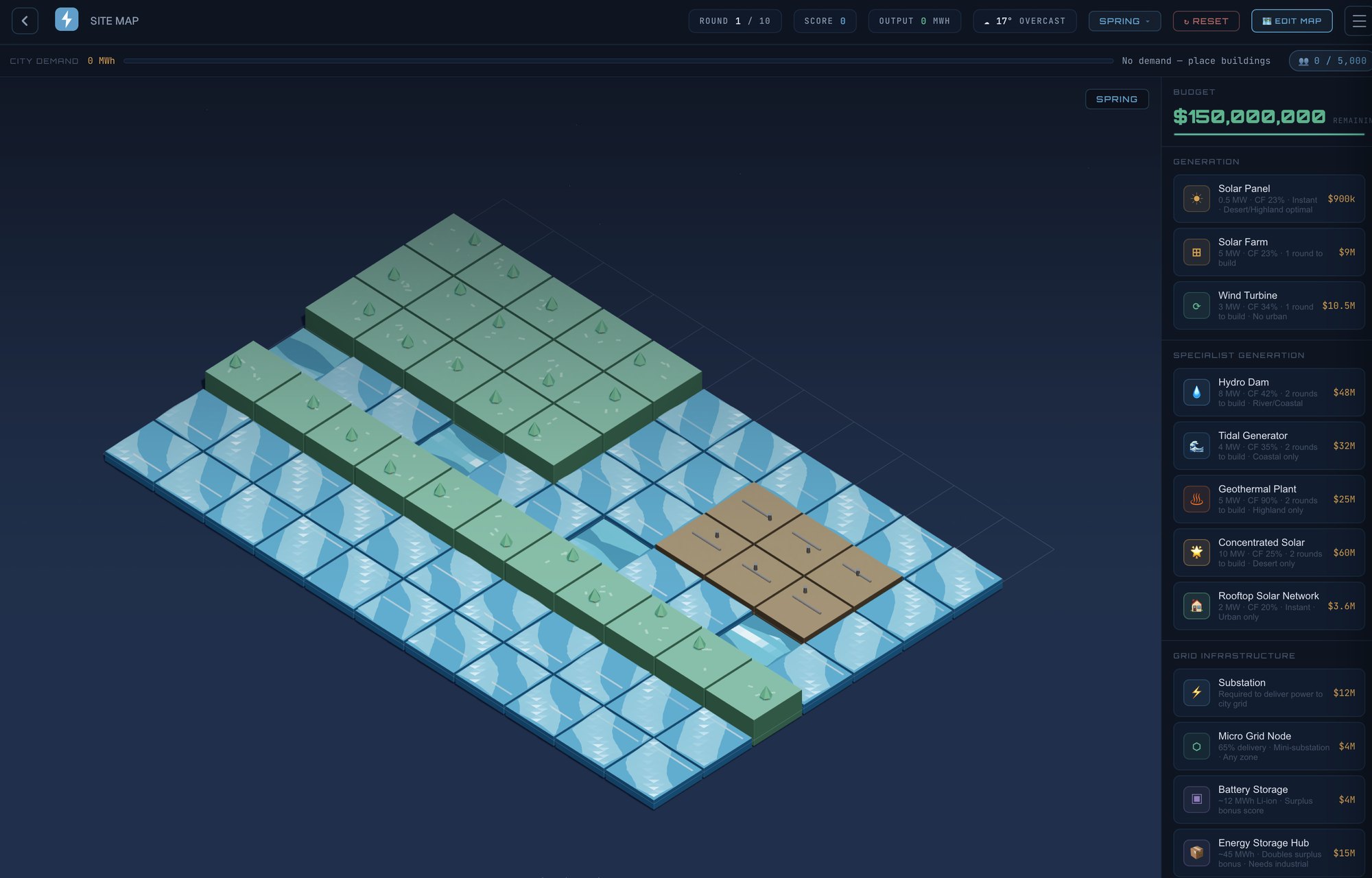 The site map: place assets, route the grid, run the round.