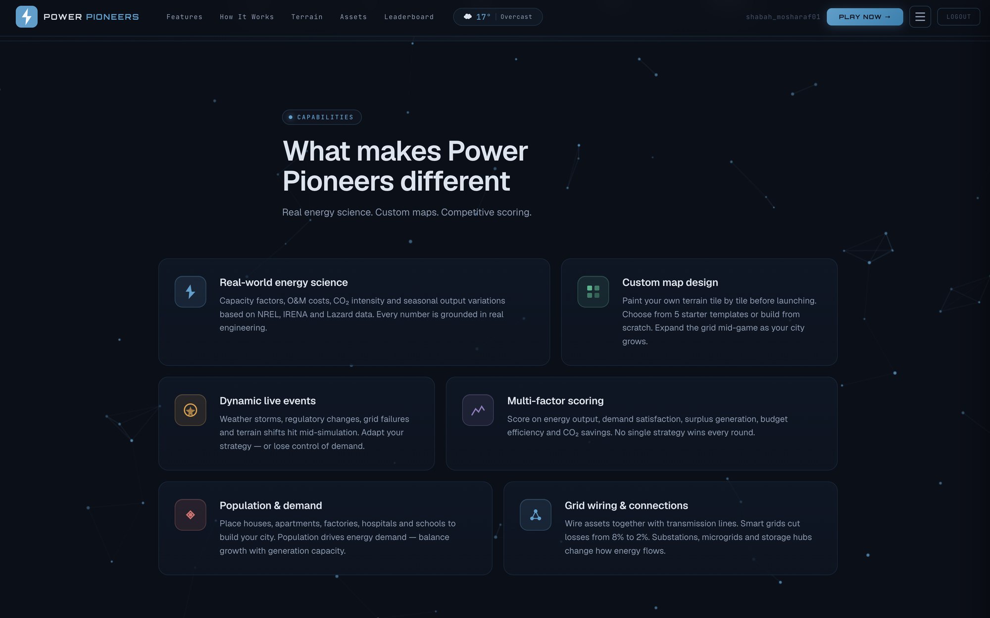 Power Pioneers capabilities — six cards summarising real-world energy science, custom map design, dynamic live events, multi-factor scoring, population & demand, grid wiring & connections.