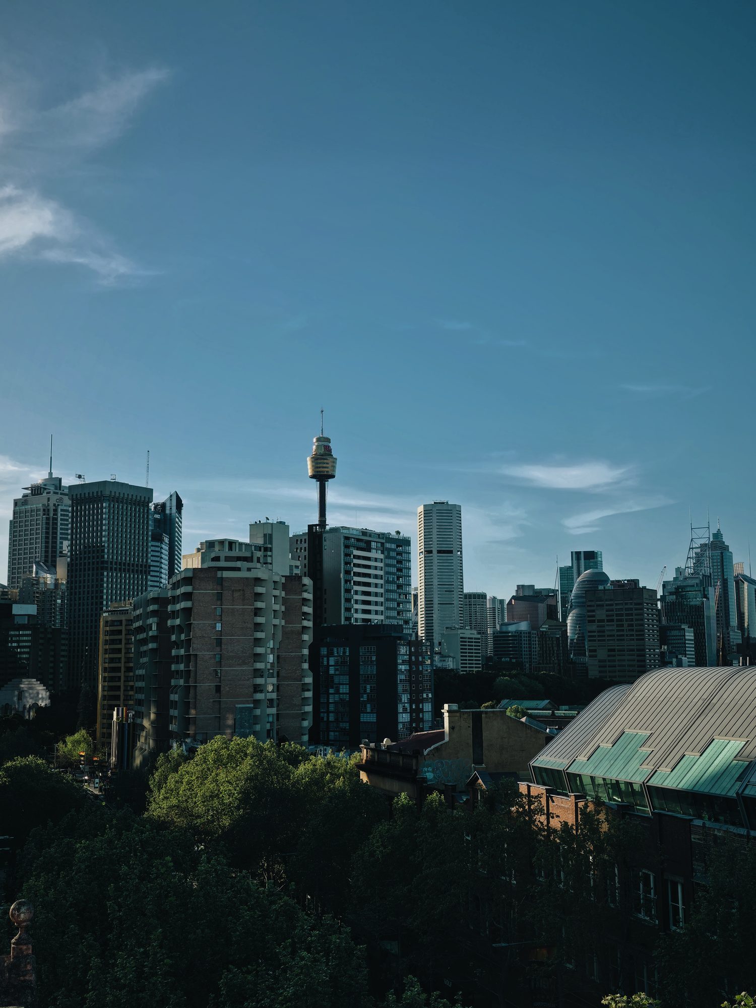 Sydney Tower from the back of the city, last hour of light.